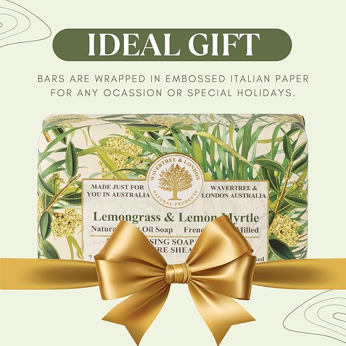 Wavertree & London Lemongrass & Lemon Myrtle Scented Natural Soap (8 Bars), 7oz Moisturizing French Triple Milled Soap Bars enriched with shea butter - Plant Oil Bath & Body Bars for All Skin Types