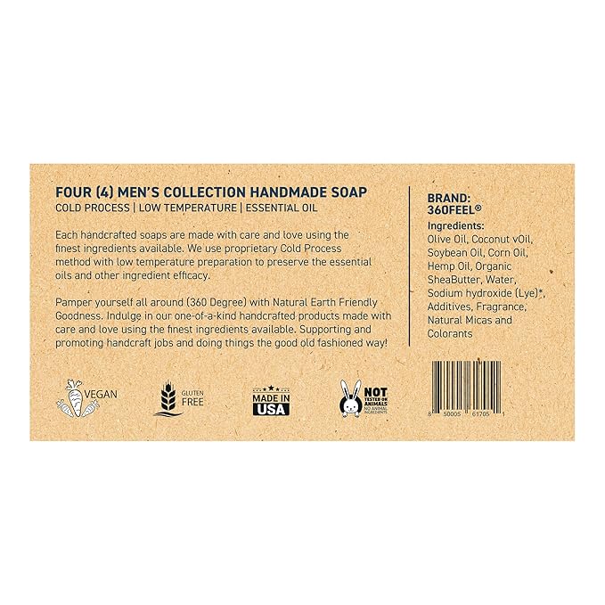360Feel Mens Bar Soap - Made in the USA - Castile Handmade All Natural Cold Processed - Includes 4 Bold Masculine Scents: Bay Rum, Pine Tar Black Soap bar, Patchouli & Island Citrus (5oz, 4-Pack)