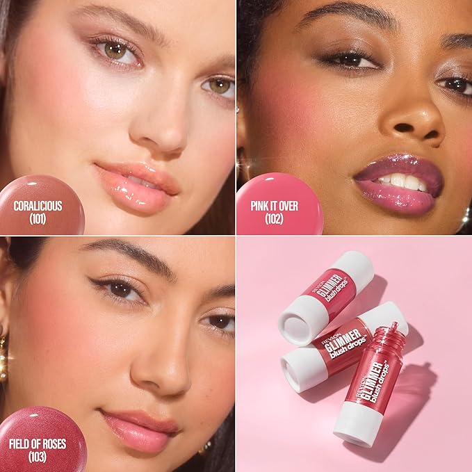 Revlon Glimmer Blush Drops, Liquid Blush for Cheeks, Liquid to Velvety Powder Finish, Glowy, High Pigment, 101 Coralicious, 0.32 fl oz