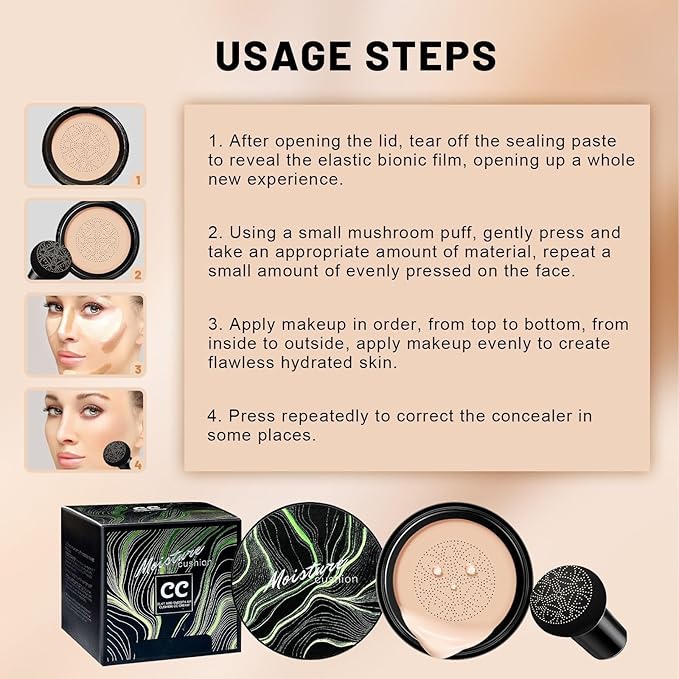 Mushroom Head Air Cushion CC Cream - BB Cream Face Makeup for Mature Skin, Moisturizing Cover Balm Foundation & Long-Lasting Color Correcting Concealer, Even Skin Tone for All Skin Types (Natural)
