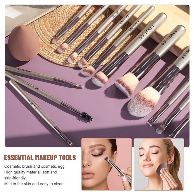BS-MALL Makeup Brushes Set 14 Pcs with 1 Pcs Makeup Sponge – Essential Foundation Powder Concealers, Eye Shadows, Blush Makeup Brushes with Travel Makeup Case (Champagne)