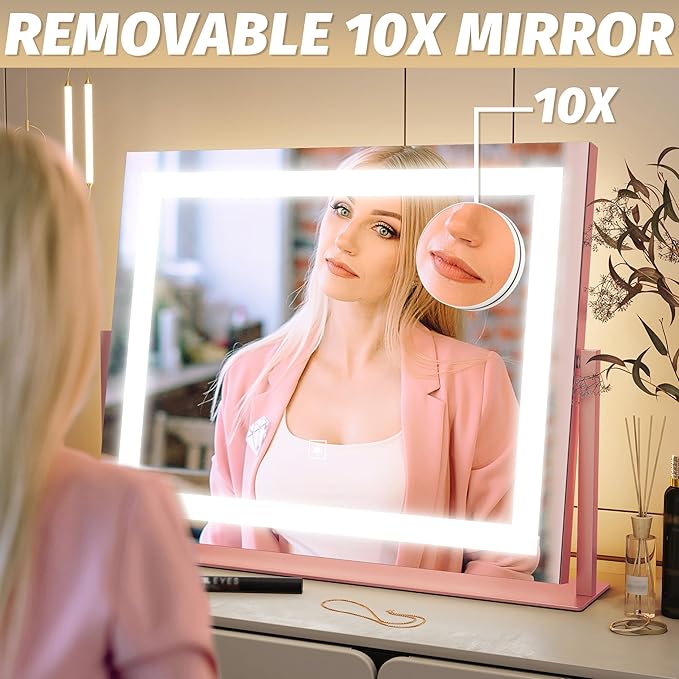 FENNIO Vanity Mirror with Lights 22''x18'' Makeup Mirror with Lights,Lighted Makeup Mirror with 10X Magnification,Smart Touch Screen with 3-Color Lighting,Dimmable(Square Pink)