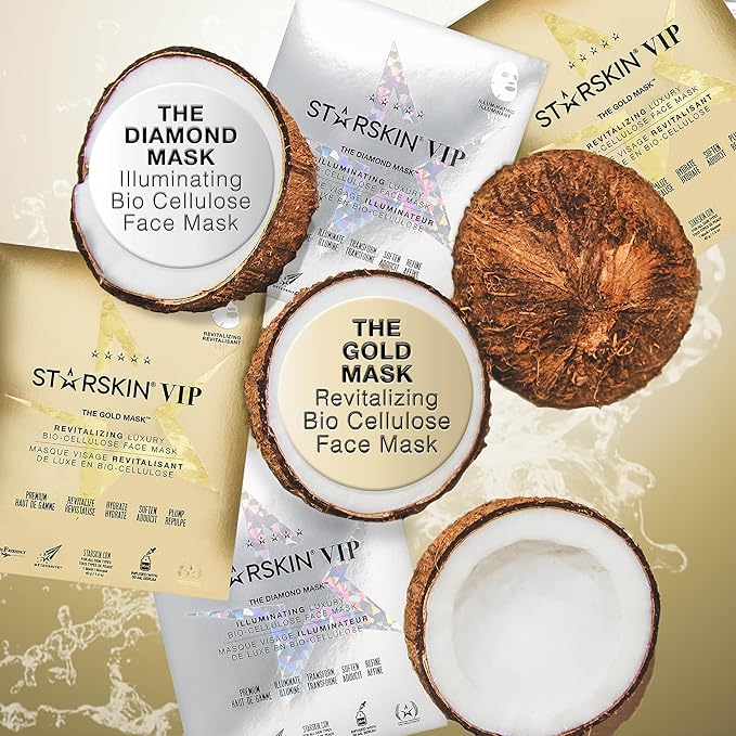 STARSKIN VIP Gold Mask Face, Coconut Bio-Cellulose Revitalizing Face Mask for all Skin Types, Korean Skin Care, Instant Hydration and Plump, Moisturizing and Nourishing, K-Beauty (Pack of 4)