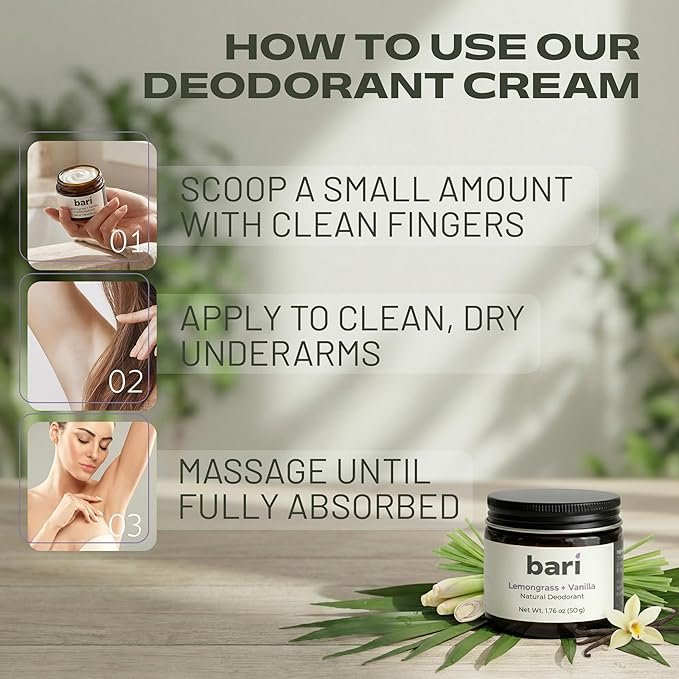 Bari Lemongrass Vanilla Deodorant – 50g Natural Aluminum-Free Deodorant for Long-Lasting Freshness, Sensitive Skin Friendly, Vegan & Cruelty-Free Personal Care