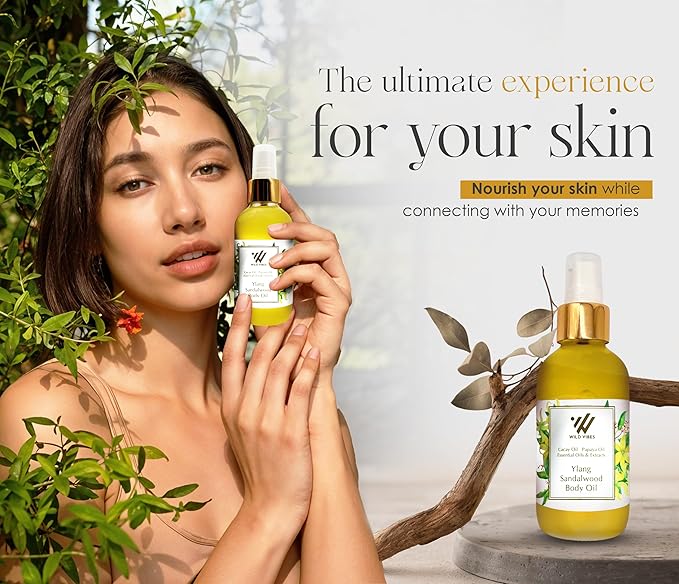Wild Vibes Ylang Sandalwood + Amber Body Oil with Vitamin E for Women After Shower – Silky Botanical Blend with Jojoba, Papaya Seed & Cacay Oil – Fast-Absorbing Hydration for Smooth Skin 4oz