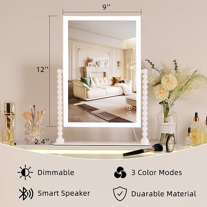VANITII Vanity Makeup Mirror 12”x16” Hollywood Mirror with Lights and Smart Speaker Desk Mirror 3 Lighting Modes Touch Control for Dormitory Bedroom