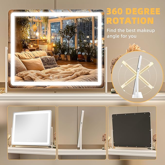 Vanity Mirror with Lights, 34'' x 25.6'' Lighted Makeup Mirror, Touch Screen with 3-Color Lighting, Dimmable for Vanity Desk Tabletop Round White