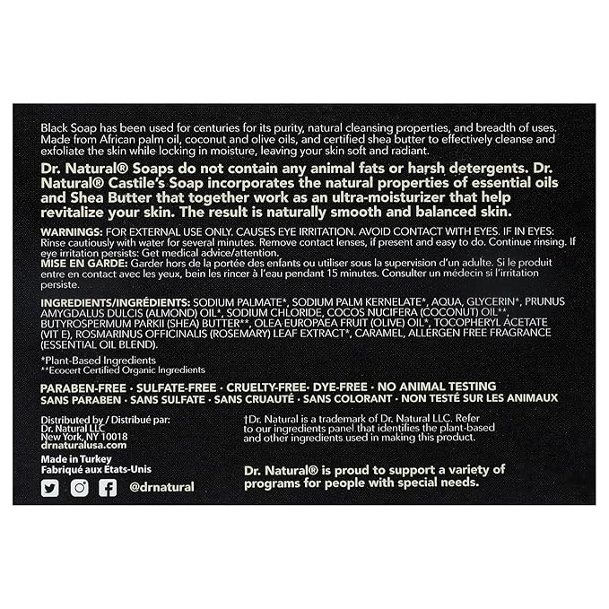 Dr. Natural Black Bar Soap, 5 oz - Ultra-Moisturizing Natural Soap with Shea Butter - Safe for Family and Pets - Helps Reduce Acne and Blemishes - Organic Bar Soap for Hands, Body Wash, Laundry