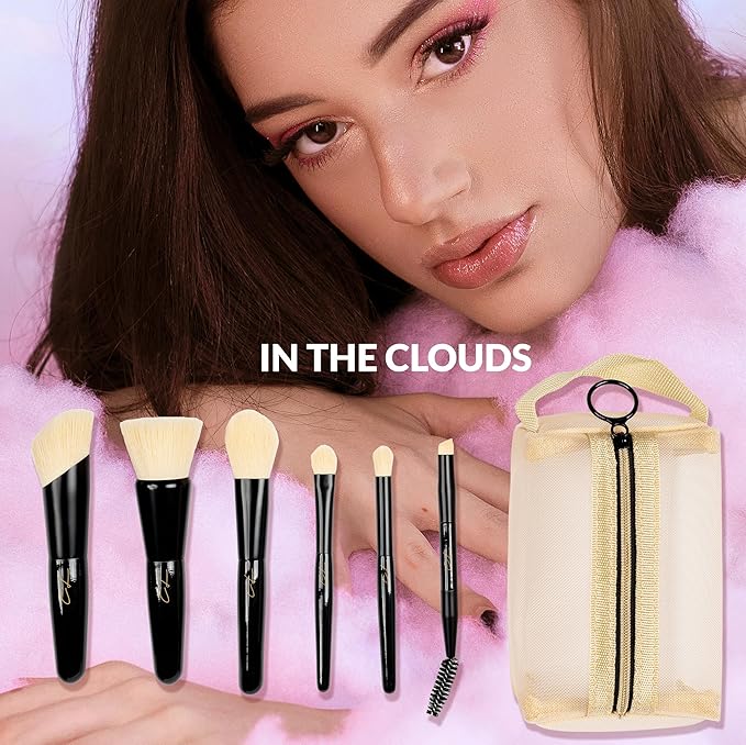 IN THE CLOUDS Travel Makeup Brushes Set + Case | Professional 7 Mini Foundation, Blush, Eyeshadow, Contour, Eyelining, Brow Brush | Short Handle Brush Set for Nearsighted | Soft for Sensitive Skin