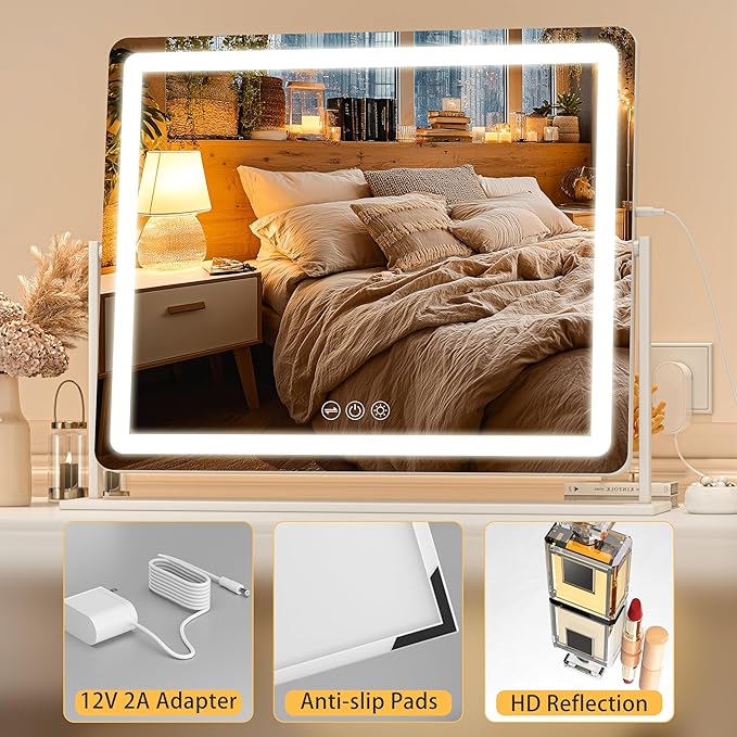 Vanity Mirror with Lights, 23.6'' x 20'' Lighted Makeup Mirror, Touch Screen with 3-Color Lighting, Dimmable for Vanity Desk Tabletop Round White