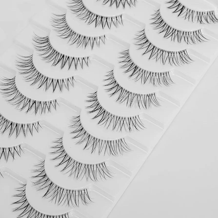 Natural Eyelashes Korean Japanese Asian Lashes with Clear Band 10mm 10Pairs Wispy Spiky Lashes Pack Short Natural False Lashes