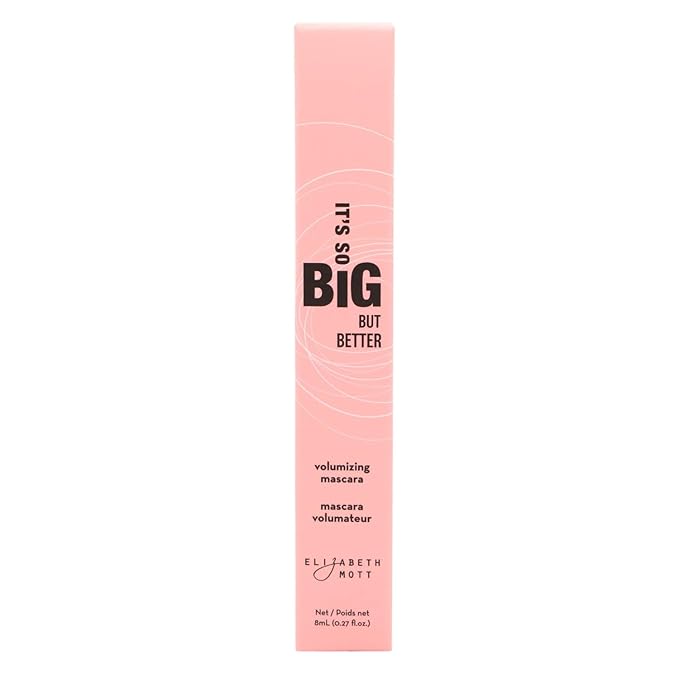 Elizabeth Mott Black Volumizing Mascara – Smudge-Proof, Lengthening Fiber Formula, Hourglass Wand – Clump-Free, Water-Resistant & Cruelty-Free – Safe for Lash Extensions, Long-Lasting, Full-Size 8ml