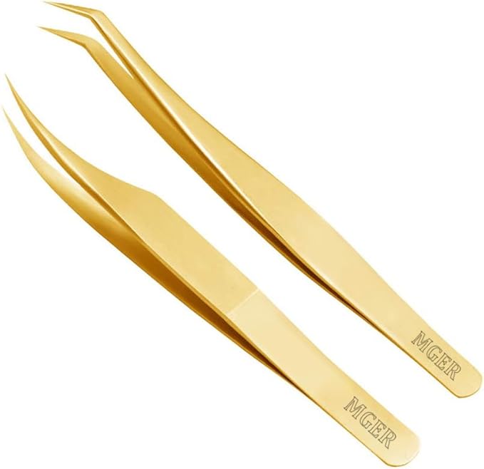 MGER Lash Tweezers for Eyelash Extension-Professional Lashing Tweezers for Mega Volume Mink Eyelashes Extensions Applying, Gold tweezers