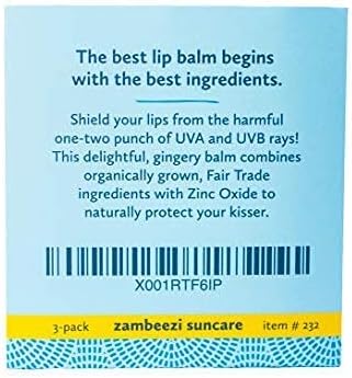 Organic, Fair Trade Beeswax Lip Balm - Suncare 3 Pack - Mineral Based Zinc Oxide Sun Protection - Ethically Sourced
