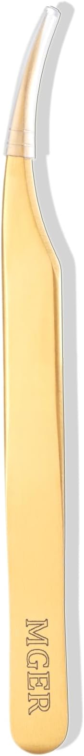 MGER Lash Tweezers for Eyelash Extensions, Professional Hand Calibrated Dolphin tip Tweezers&eyelash tweezers for lash extensions, isolation tweezers eyelash extensions, Gold
