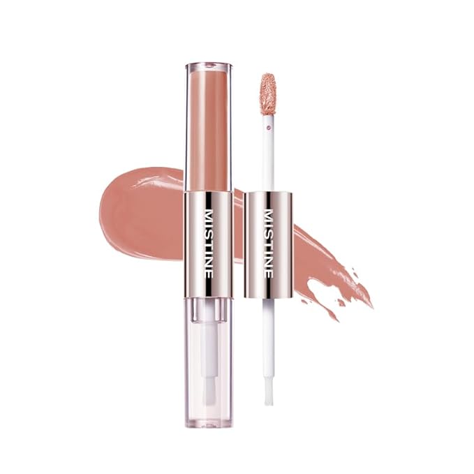 Mistine Lip Gloss Double Headed Lip Glaze Color Holding Lip Jelly Hydrating Gloss Moisturizing Balms Sheer Tint, Shine Glowy Matte Finish 0.05fl oz+0.05 fl oz D05 CARAMEL WHISKEY