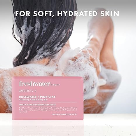 Freshwater Farm Australia Castile Natural Bar Soap | Rosewater + Pink Clay | Australian Made + Family Owned | Triple-Milled with Australian Pink Clay | Recyclable Paper Wrap | 200g x 8pk