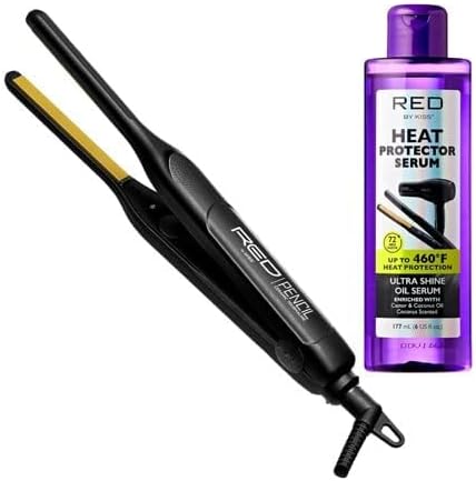 RED by KISS 2 Pcs Styling Set, 0.3” Ceramic Tourmaline Pencil Flat Iron & 6 Fl Oz Heat Protectant Hair Serum with Castor & Coconut Oil, for Edges, Tight Curls, Twist Styles & Frizz Control