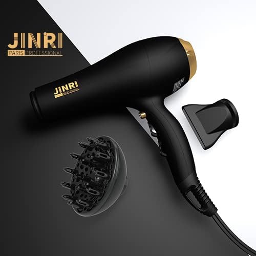 JINRI Hair Dryer, 2000W, 3 Heat & 2 Speed, Detachable Air Intake, with Diffuser, with Concentrator, Hanging Strap, Non-Foldable, Black