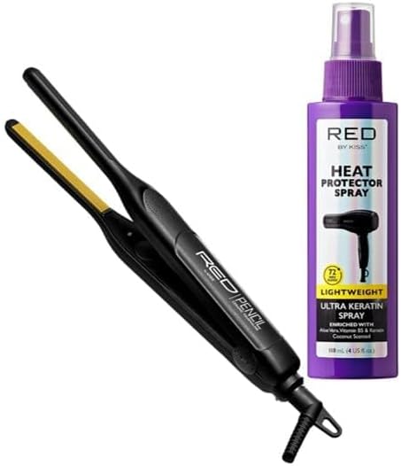 RED by KISS 2 Pcs Styling Set, 0.3” Ceramic Tourmaline Pencil Flat Iron & 4 Fl Oz Heat Protectant Spray with B5 & Keratin, for Edges, Tight Curls, Twist Styles & Frizz Control On Short Hair