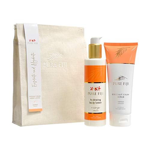 Pure Fiji Bath Gift Set Hydrate & Polish Kit - Spa Gift Sets For Women and Men Include - Coconut Body Scrub and Hydrate Body Lotion for Dry Skin - Spa Gift Sets For Women, Scent Mango