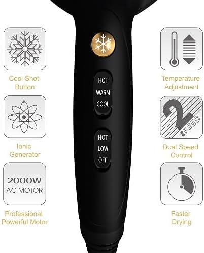 JINRI Hair Dryer, 2000W, 3 Heat & 2 Speed, Detachable Air Intake, with Diffuser, with Concentrator, Hanging Strap, Non-Foldable, Black
