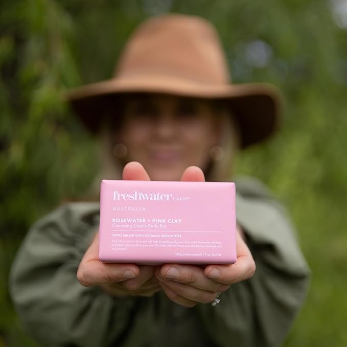 Freshwater Farm Australia Castile Natural Bar Soap | Rosewater + Pink Clay | Australian Made + Family Owned | Triple-Milled with Australian Pink Clay | Recyclable Paper Wrap | 200g x 8pk