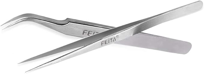 Best Eyelash Extension Tweezer Set - FEITA Pro Straight & Curved Pointy Precision Fine Tip Tweezers for Lash Extensions - Silver - 2Pcs