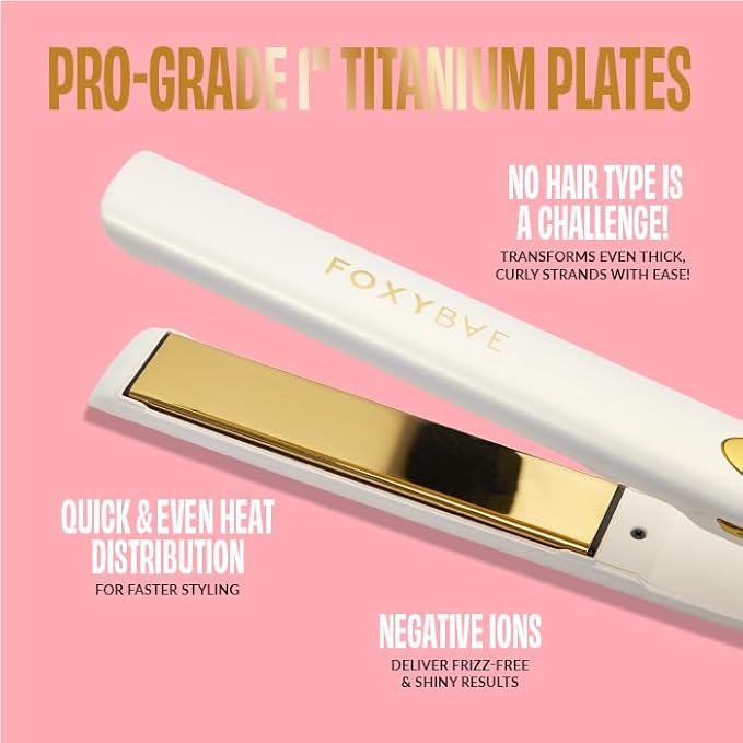 FoxyBae Trés Sleek Titanium Flat Iron Hair Straightener - Frizz-Free, Shinier & Smoother Hair - Dual Voltage Hair Styling Tools - w/LCD Display, Temperature Control, Auto Shut-Off 1" [Pearl Gold]