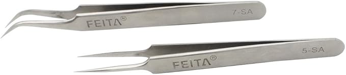 FEITA Precision Eyelash Extension Tweezers Set - Professional Straight & Curved Pointed Very Fine Tip Tweezers for Lash Extensions - Silver - 2Pcs