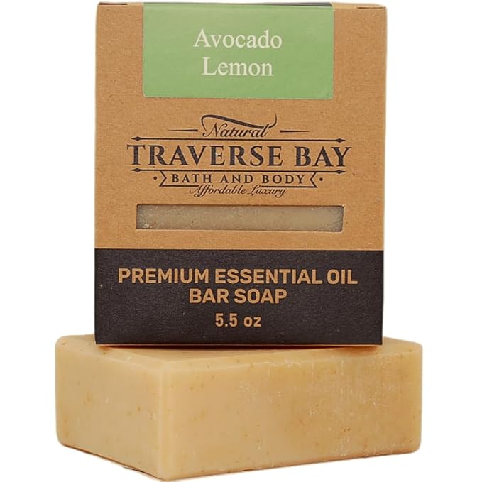 Traverse Bay Bath and Body Natural Cold Process Soap Sweet & Spicy 4-Bar Variety Pack, Traverse City Cherry, Sandalwood, Avocado Lemon, Citrus Ginger, 5.5 oz Each, 22+ oz Total