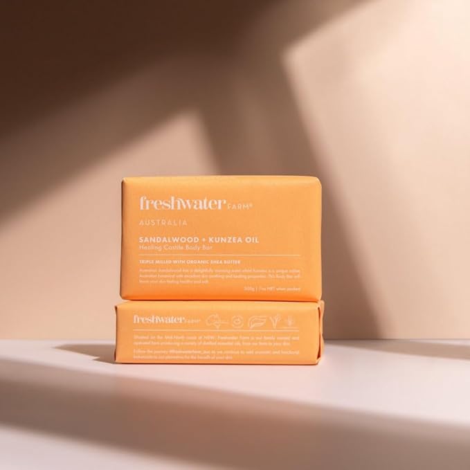 Freshwater Farm Australia Natural Soap Bar- Healing Sandalwood + Kunzea Oil 7oz x 8 Pack.Castile Natural Bar Soap/Body Soap Bars With Essential Oil For Sensitive Skin