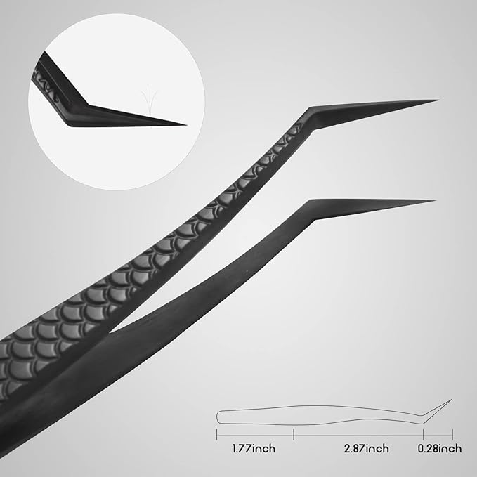 FEITA Diamond Grip Eyelash Extensions Tweezer Lash Precision Tweezers, Japanese Steel Dolphin-shaped & Angled Tip, False Lashes Application Tools, Black 2Pcs