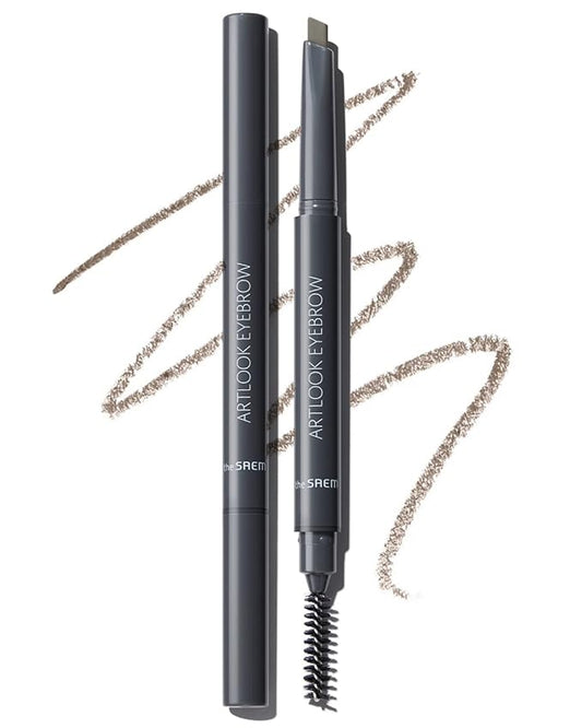 THESAEM Artlook Eyebrow Definer Pencil with Spoolie Brush 06 Ash Brown – Long Lasting Eyebrow Makeup for Soft Textured with Vitamin E - Triangular Pencil