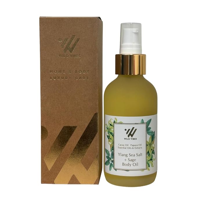 Wild Vibes Sea Salt & Sage Body Oil for Women After Shower – Lightweight Jojoba, Papaya Seed & Cacay Oil with Vitamin E – Hydrating Botanical Blend for Smooth, Rejuvenated Skin 4oz