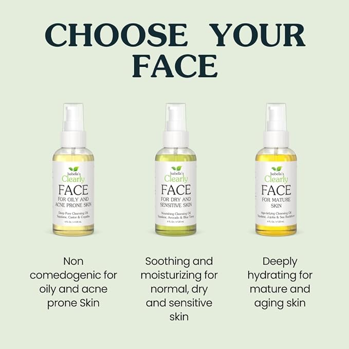 Isabella's Clearly FACE, Natural Deep Pore Cleansing Oil with Jojoba, Grape Seed, Vegan Squalane | Non-Comedogenic Makeup Remover and Face Wash | Water Free, Made in USA