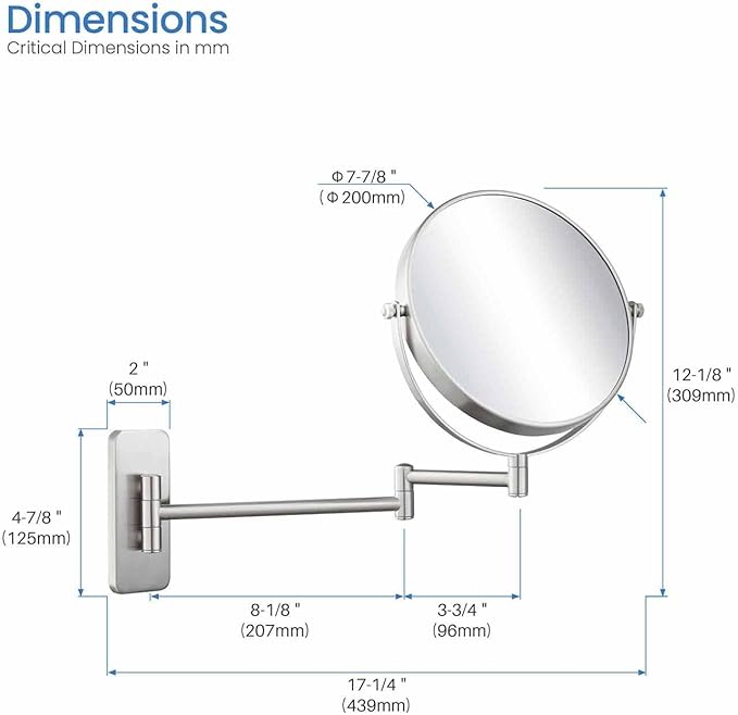KIBI Circular Wall Mount Makeup Mirror, Dual-Sided 1x/5x Magnifying Mirror with Extendable Arm, 360° Swivel, Solid Brass Construction for Durability and Style (Brushed Nickel, KMM100)