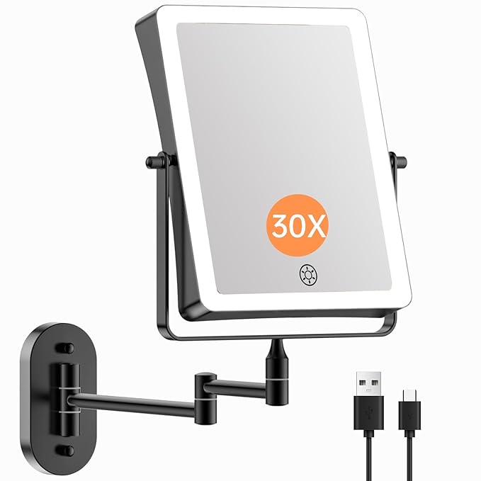 FASCINATE 5000mAh Rechargeable Wall Mounted Makeup Mirror, 8.7" Double Sided Touch Switch 1X 30X Rectangle Magnifying Mirror with Light, 3 Color Setting, Extended Arm 360° Swivel Foldable Black