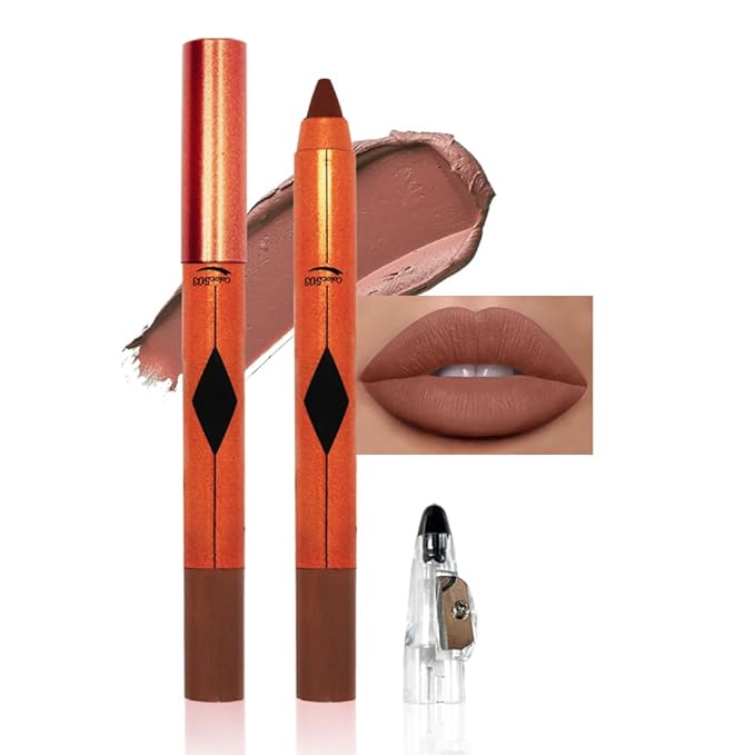 Coffee Orange Matte Lipstick Pencil for Women Lip Liner and Lip Stain, Long Lasting Waterproof labiales mate 24 horas, originales pintalabios permanente 24 horas with Sharpener Easy to Apply 503#