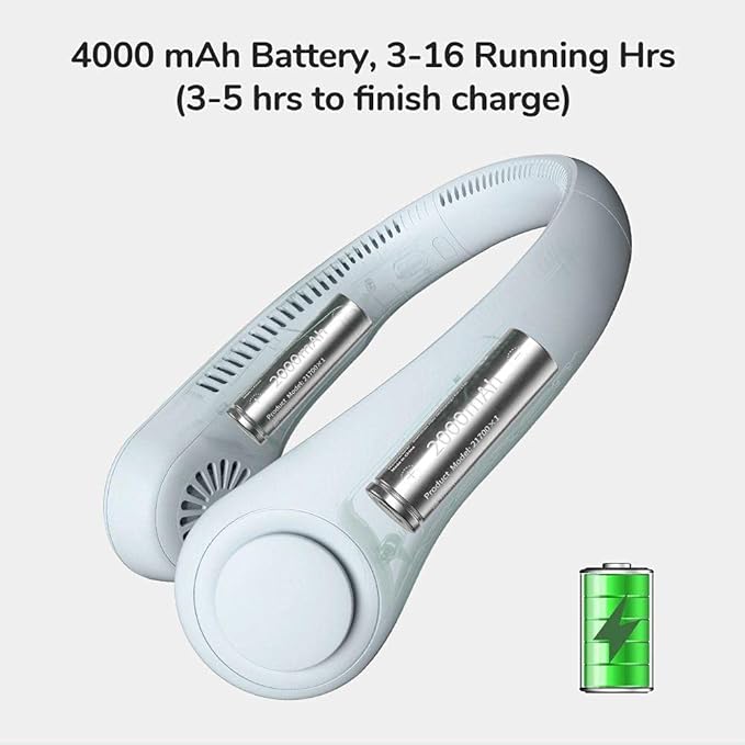 JISULIFE Portable Neck Fan, Hands-Free Bladeless, 5 Speeds, 4000 mAh Battery Operated Wearable Personal Fan, Twistable, Rechargeable, Gift for Women Men-Grey