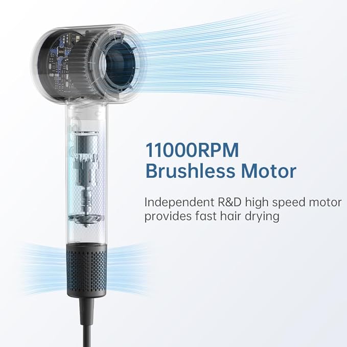 BOWEI Professional Travel Hair Dryer - 110000RPM Brushless Motor, Quiet 49dB,Lightweight 0.83lbs, Negative Ion, UL Certified Fast Drying Blow Dryer with Magnetic Nozzle Grey