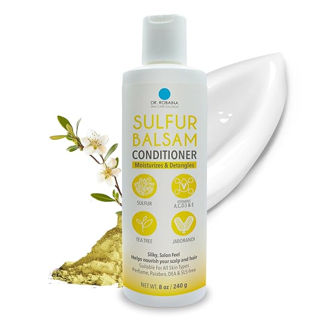 Dr. Robaina Sulfur Balsam Conditioner – Hydrating & Detangling Formula for Sensitive, Flaky or Itchy Scalp – Tea Tree & Shea Butter Blend – Color-Safe, Silicone-Free, 8 fl oz - Made in the USA