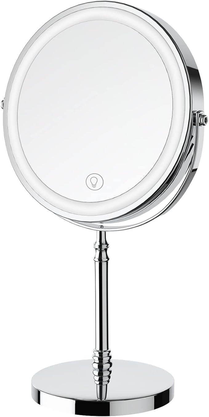 Lighted Makeup Mirror, 3000 mAh Rechargeable Double Sided Magnifying Vanity Mirror with 3 Colors, 1x/10x, 360° Rotation , Brightness Adjustable Magnification Cosmetic Light up Mirror, Women Gift