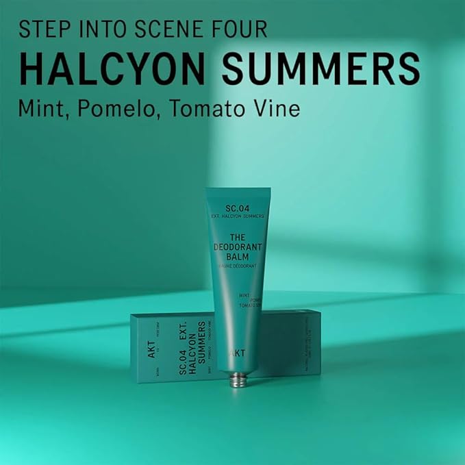 AKT, THE DEODORANT BALM. Award winning, multi-use, natural deodorant. Plastic Free. Gender Free. Aluminium Free. 100% effective — 1 tube lasts up to 3 months. SC.04 HALCYON SUMMERS. 50ml/1.76 FL.OZ