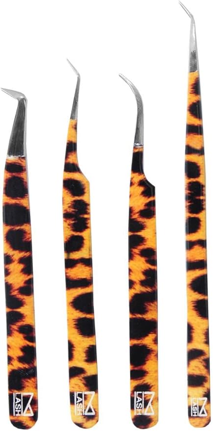 M LASH Tweezers for Eyelash Extensions (Set of 4) - Professional Lash Extension Tweezers - Fiber Tip, Japanese Steel, Diamond Grip Eyelash Extension Tweezer (Leopard)