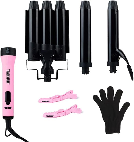Trademark Beauty Interchangeable Iron Styling Kit - 3 in 1 Curling Iron, Hair Waver, and Curling Wand, Hair Styling Tool, 1.25 Inch Barrels, Mood - Pink/Black