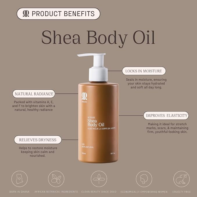 R&R Skincare Intense Shea Body Oil – Fast-Absorbing & Lightweight – Hydrating Body Oil for Dry Skin – Shea Butter Oil for Skin & Massage – Rich in Vitamin A, E & F for Nourished & Soft Skin
