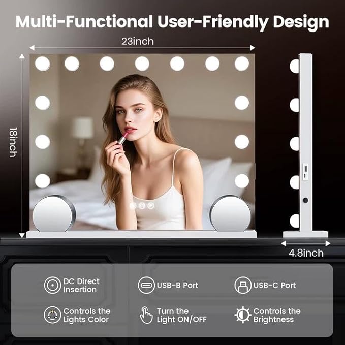 VESAUR Large Vanity Mirror with Lights, Hollywood Makeup Mirror with 15 Dimmable Bulbs 3 Light Colors, Detachable 1X/10X/15X Magnification, USB/Type-C Dual Power, Tabletop &Wall Mount, Senior Aluminum