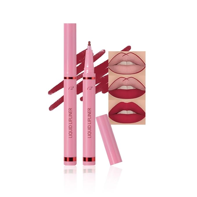 Deep Red Liquid Lip Liner Stain, 24 Hour Longwear Matte Lip Tint Liner, Waterproof Transfer-proof Lip Lipstick Lip Liner, All Day Stay Lip Stain 12#