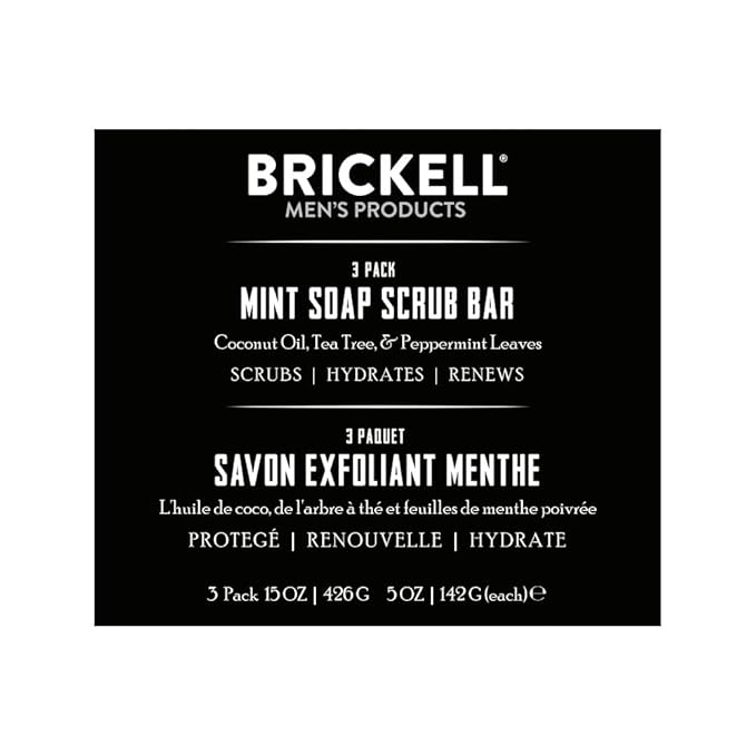Brickell Men's Mint Soap Scrub Bar for Men (3 Pack), Natural and Organic Exfoliating Bar Soap Handmade with Tea Tree, Coconut and Peppermint Leaf Scent, 5 Ounce Bar (3 Pack)
